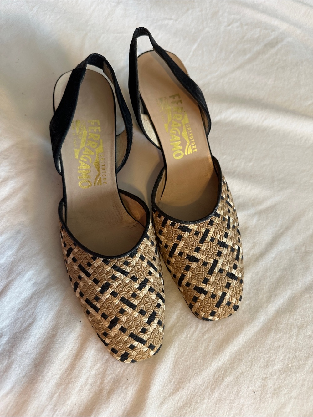 Salvatore Ferragamo Black and Beige Woven Slingback Mules - Narrow 7.5